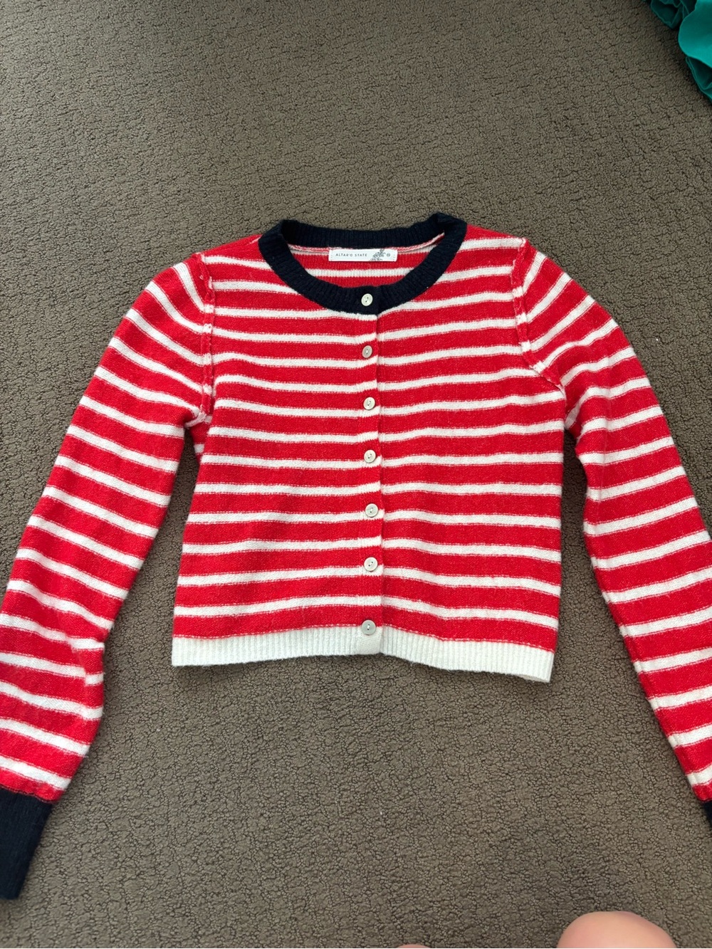 Altar'd State Red and White Striped Cropped Cardigan with Navy Trim
